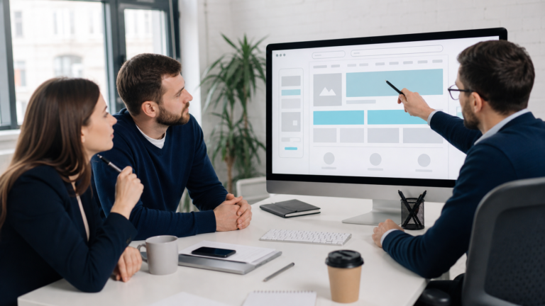 Команда обсуждает архитектуру корпоративного сайта